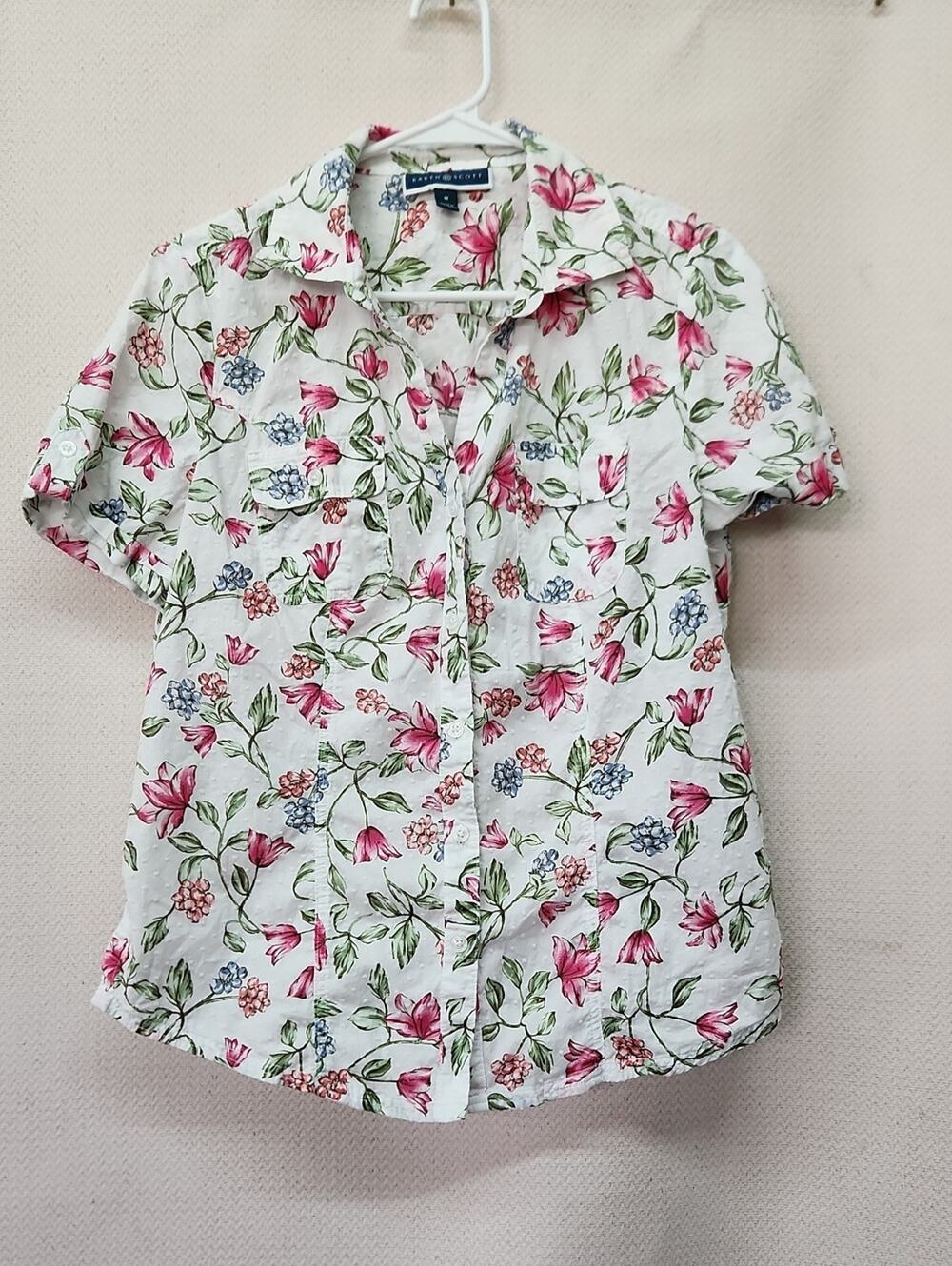 Karen Scott White Floral Button-Down Shirt with Pink Flowers and Green Leaves